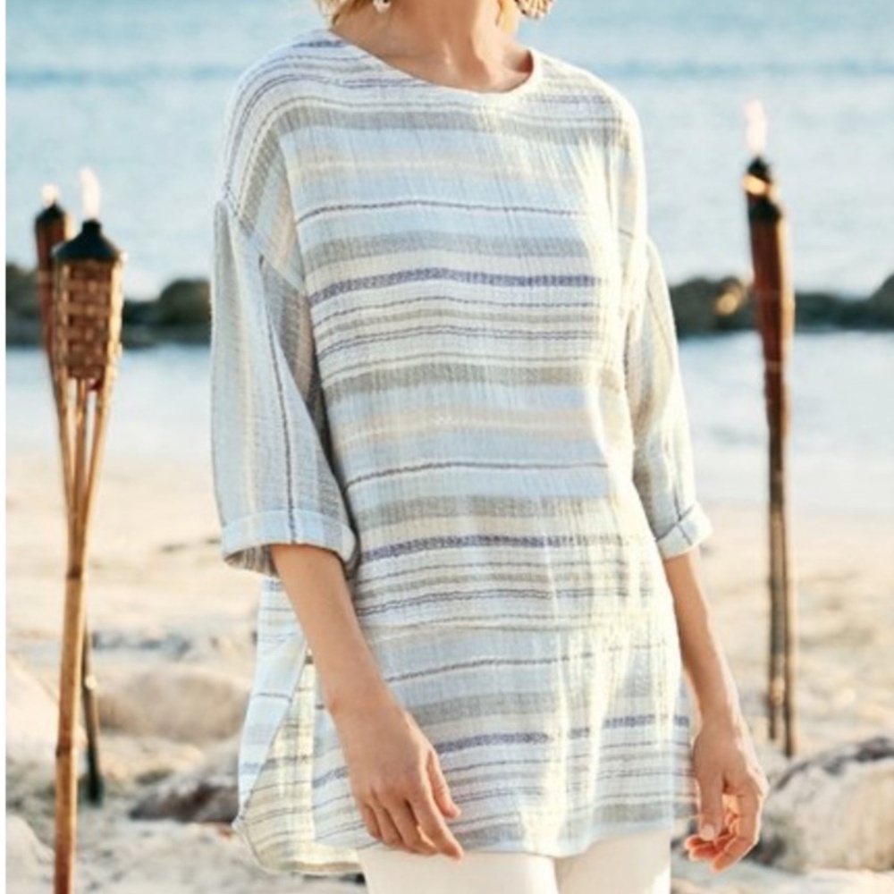 Soft Surroundings Top Tunic Woven Cotton Stripe Comfort Lagenlook Casual NWOT